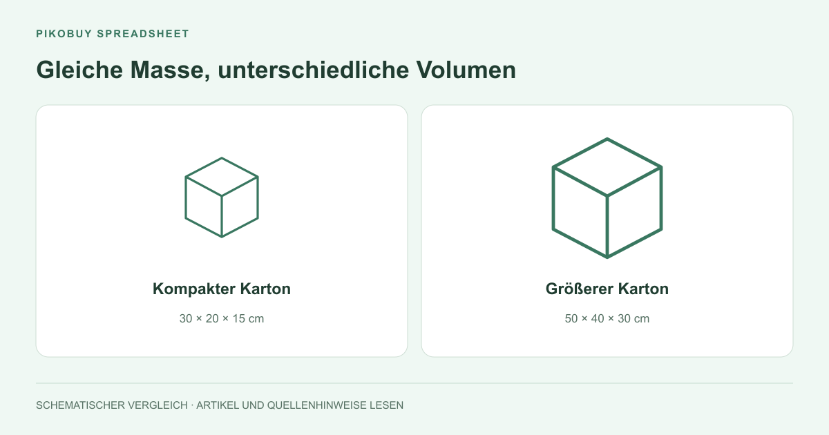 Versandschaubild von Pikobuy Spreadsheet zum Vergleich gleich schwerer Pakete mit unterschiedlichen Abmessungen