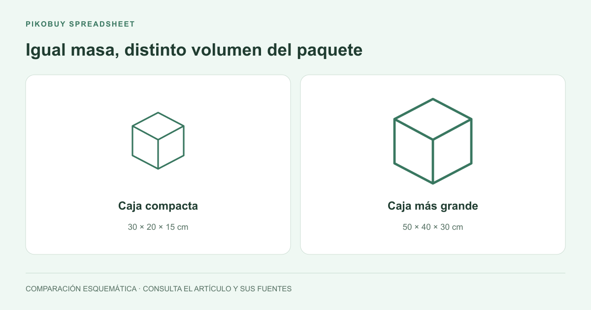 Diagrama de envíos de Pikobuy Spreadsheet que compara paquetes del mismo peso con dimensiones diferentes