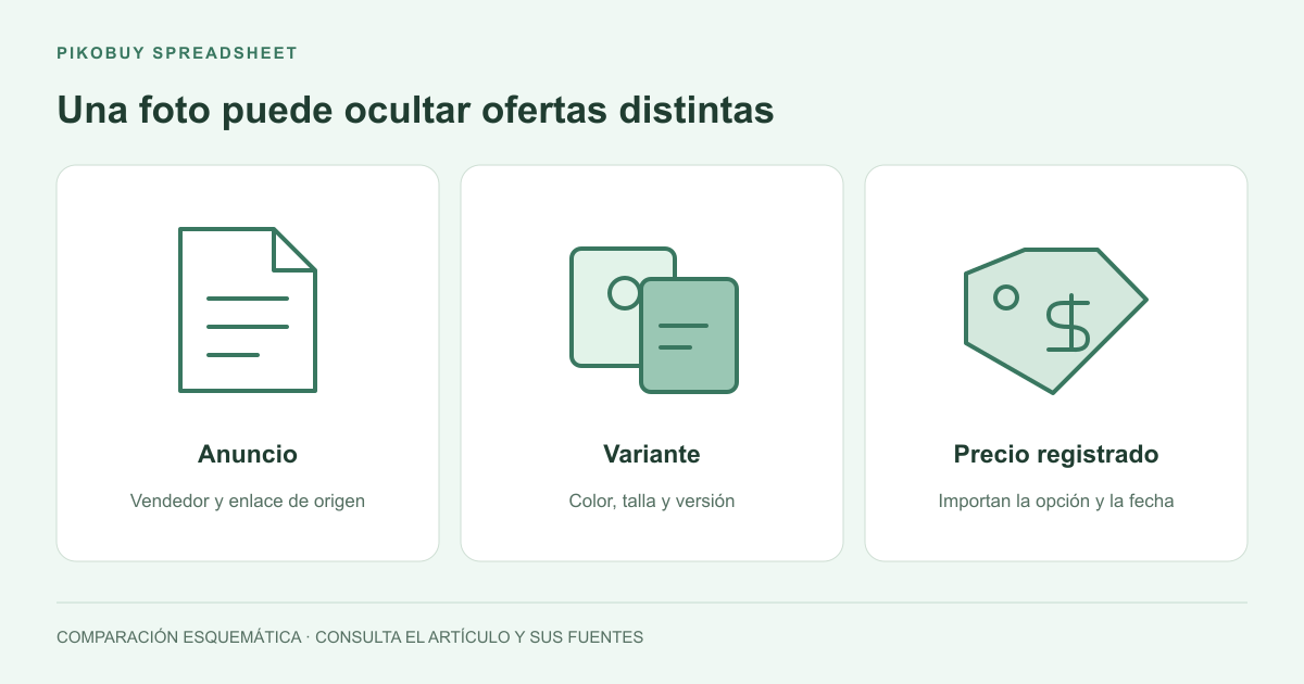 Diagrama de Pikobuy Spreadsheet que compara una oferta, su variante y el precio registrado