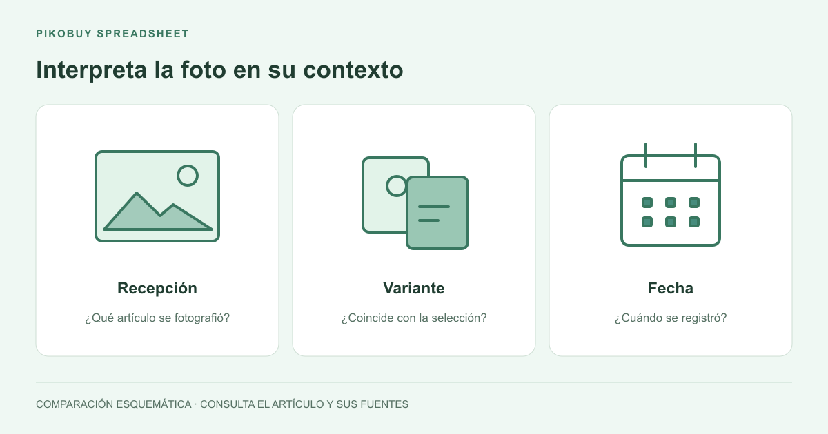 Diagrama de Pikobuy Spreadsheet que relaciona una foto QC pública con la recepción, la variante y la fecha