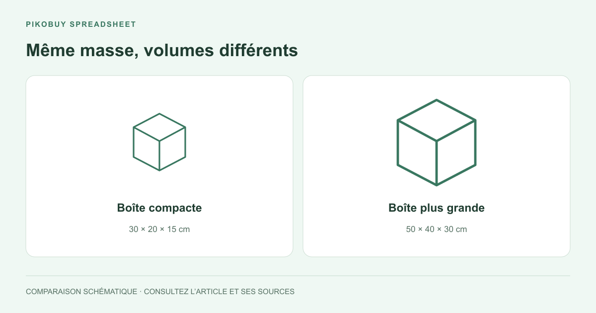 Schéma de transport Pikobuy Spreadsheet comparant des colis de même poids avec des dimensions différentes