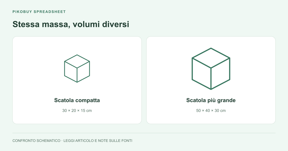 Schema di spedizione di Pikobuy Spreadsheet che confronta pacchi dello stesso peso con dimensioni diverse