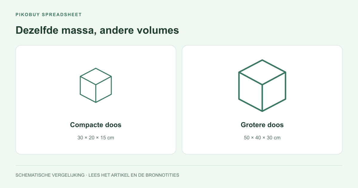 Verzendschema van Pikobuy Spreadsheet dat even zware pakketten met verschillende afmetingen vergelijkt