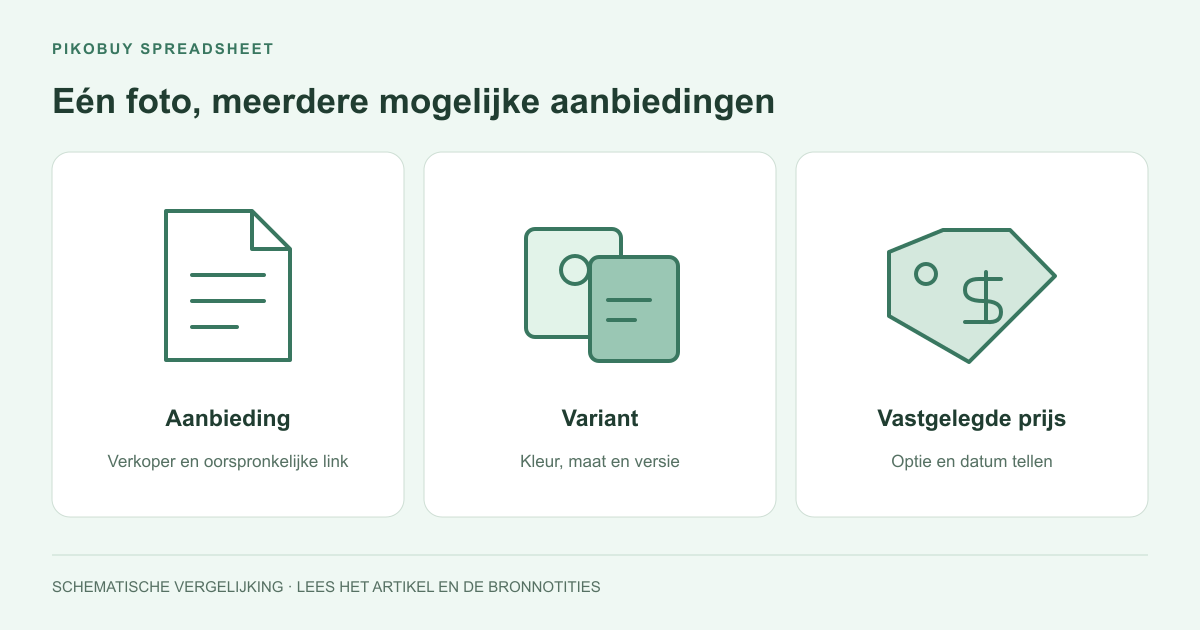 Schema van Pikobuy Spreadsheet dat een productaanbod, de variant en de vastgelegde prijs vergelijkt