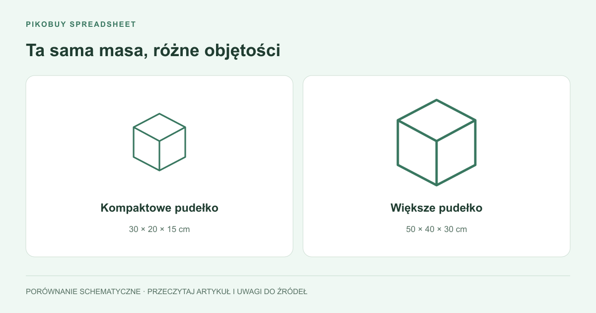 Schemat wysyłki Pikobuy Spreadsheet porównujący paczki o tej samej masie i różnych wymiarach
