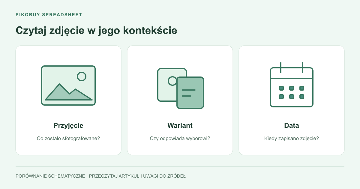 Schemat Pikobuy Spreadsheet łączący publiczne zdjęcie QC z przyjęciem towaru, wariantem i datą