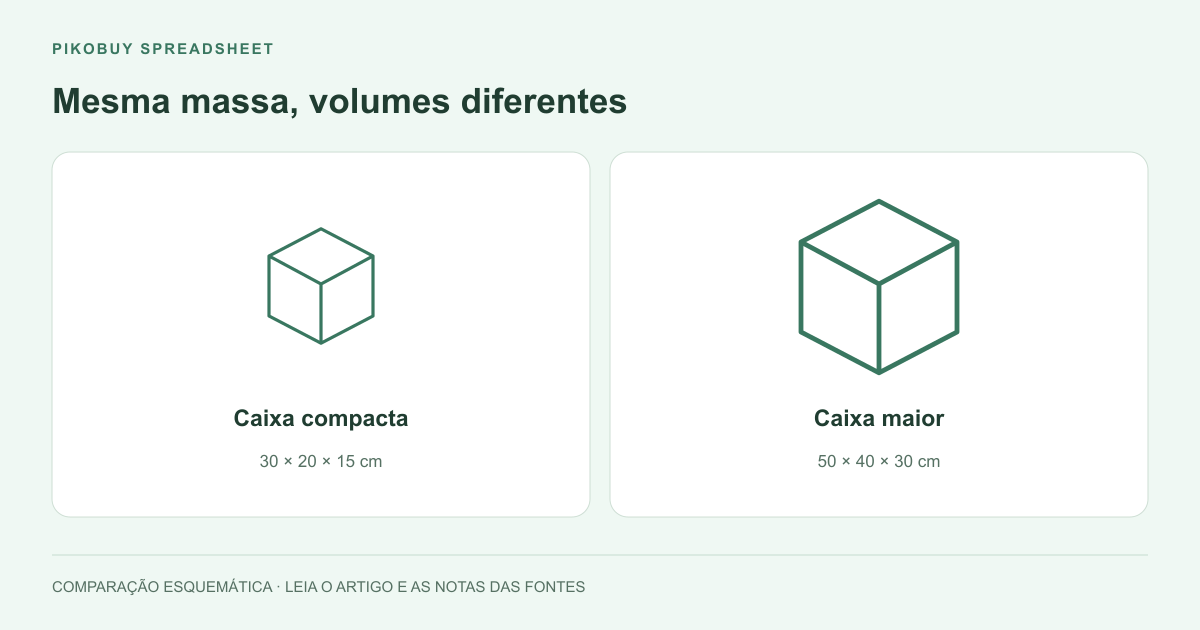 Diagrama de envio do Pikobuy Spreadsheet comparando pacotes de mesmo peso com dimensões diferentes