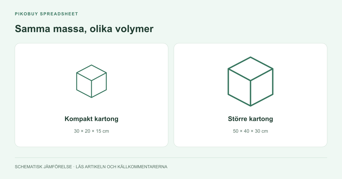 Fraktdiagram från Pikobuy Spreadsheet som jämför lika tunga paket med olika mått